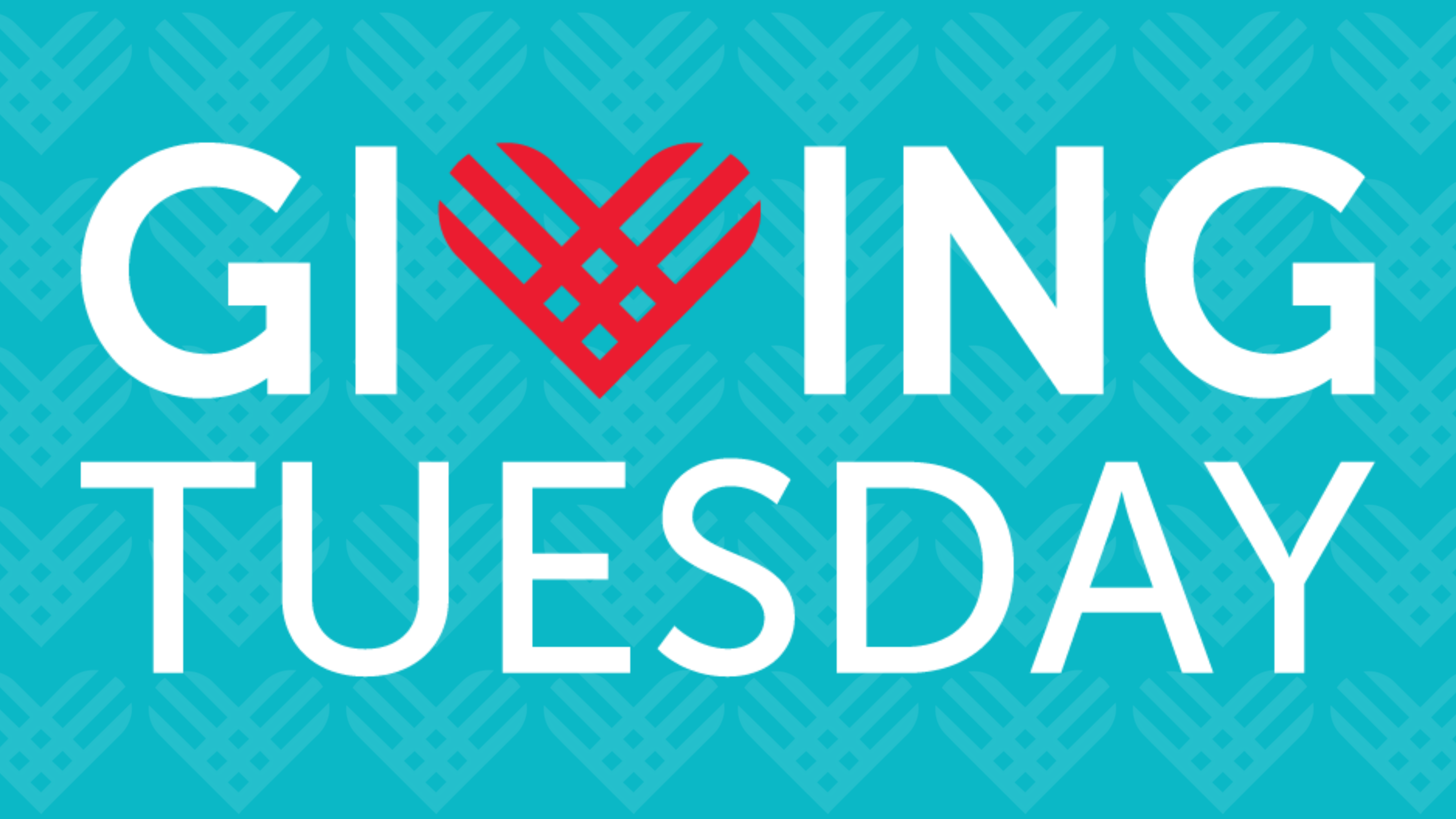 Giving Tuesday logo, white lettering on a turquoise background with a faded heart pattern. 