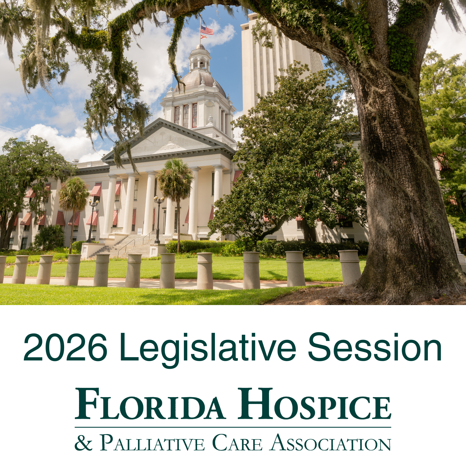 2026 Legislative Session, Florida Hospice & Palliative Care Logo. Image ID: The Florida State Capital Building on a sunny day, partially obscured by a live oak tree and Spanish moss.