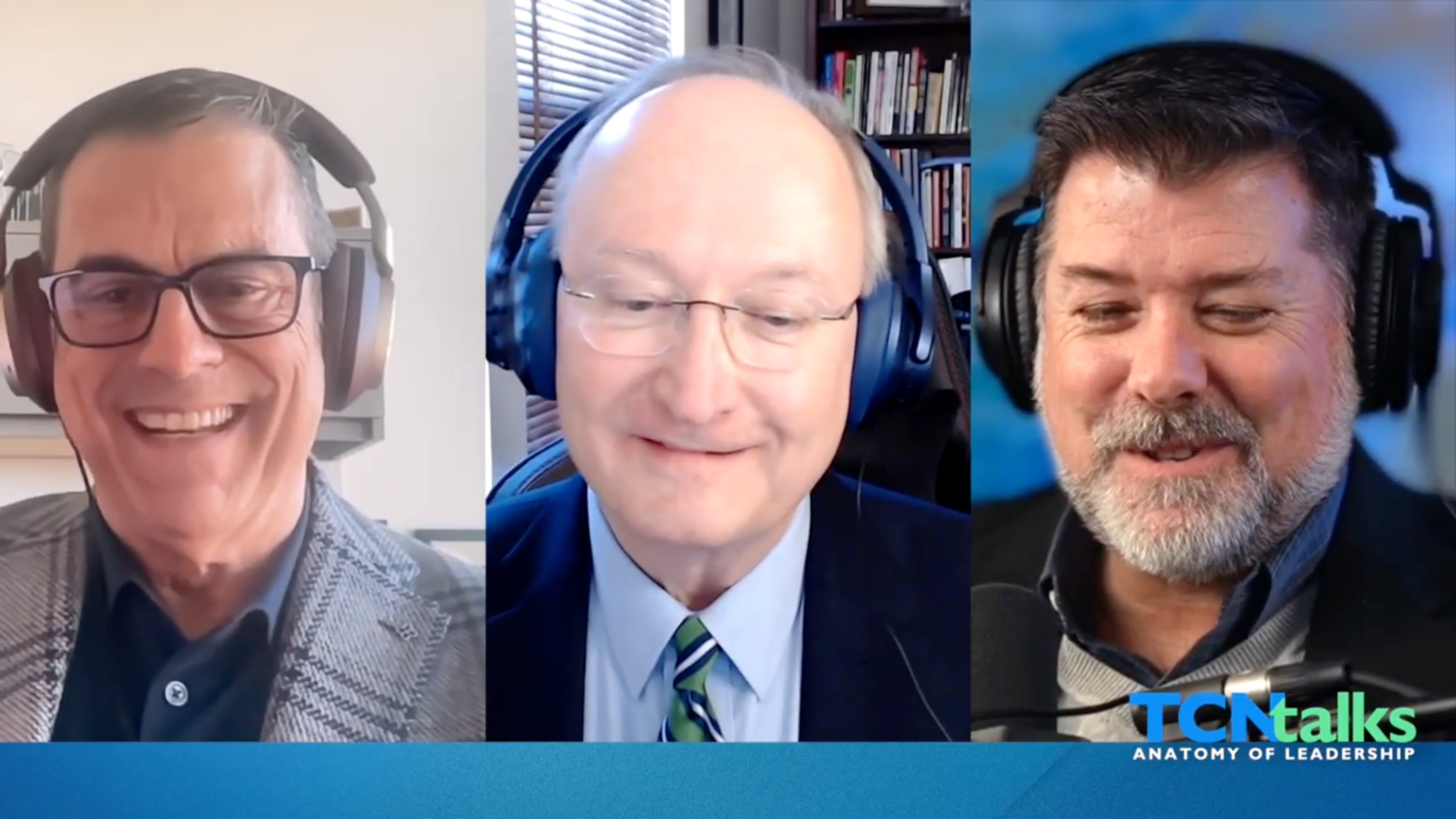 Right to left: Screenshot of Tim Rogers, Paul Ledford, and Chris Comeaux with TCN Talks Anatomy of Leadership logo in the bottom right corner.